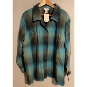 Coldwater Creek Button Up Shirt Womens 3X Blue Ombre Plaid Long Sleeve USA NWT